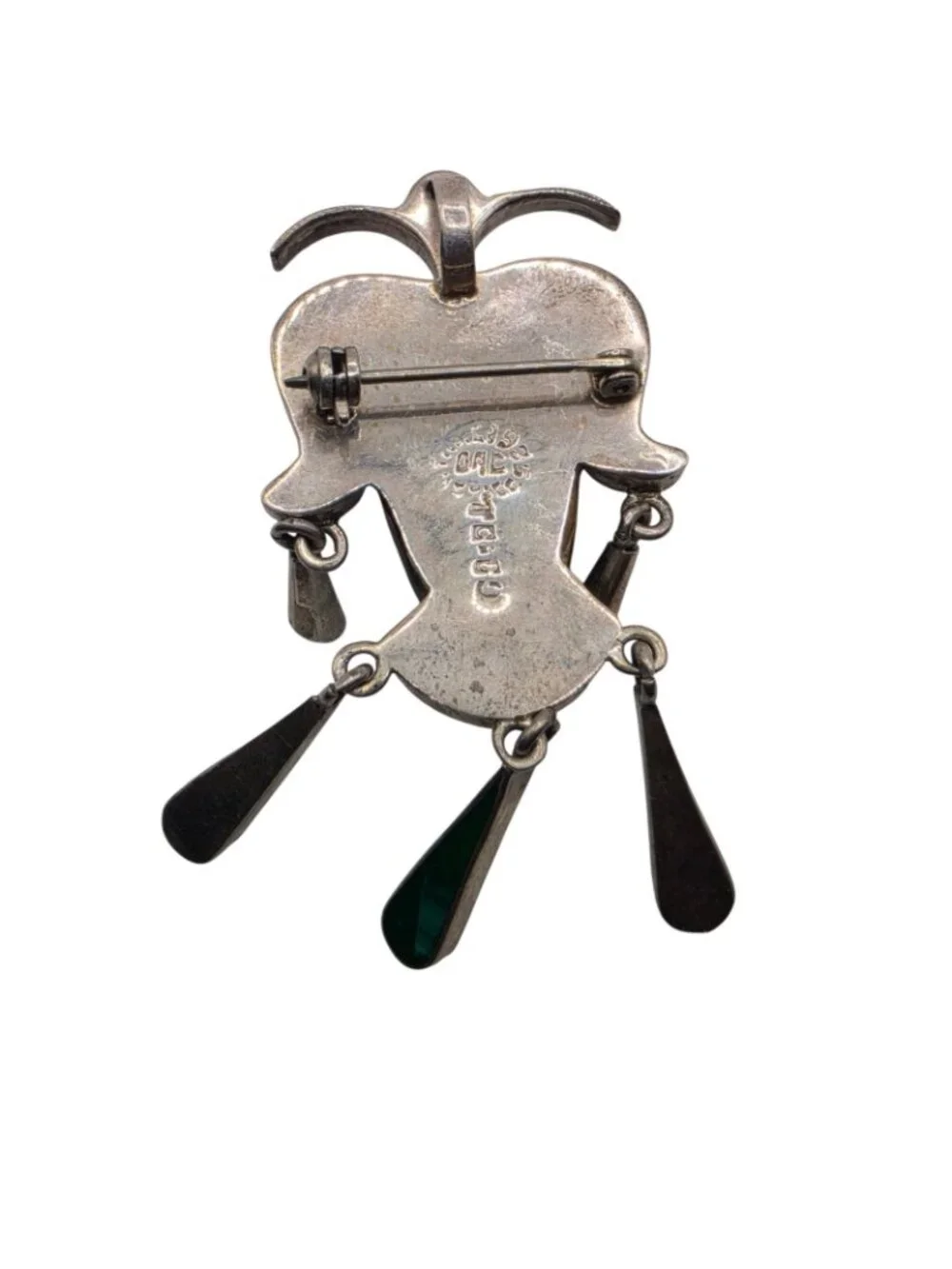 Vintage Taxco Mexico 925 Sterling Silver Malachite Tiger Eye Mask Brooch Pin
